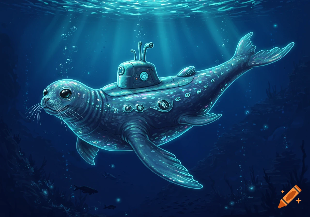 a glowing blue seal-like creature with a submarine on its back, swimming underwater with sun rays filtering from above.