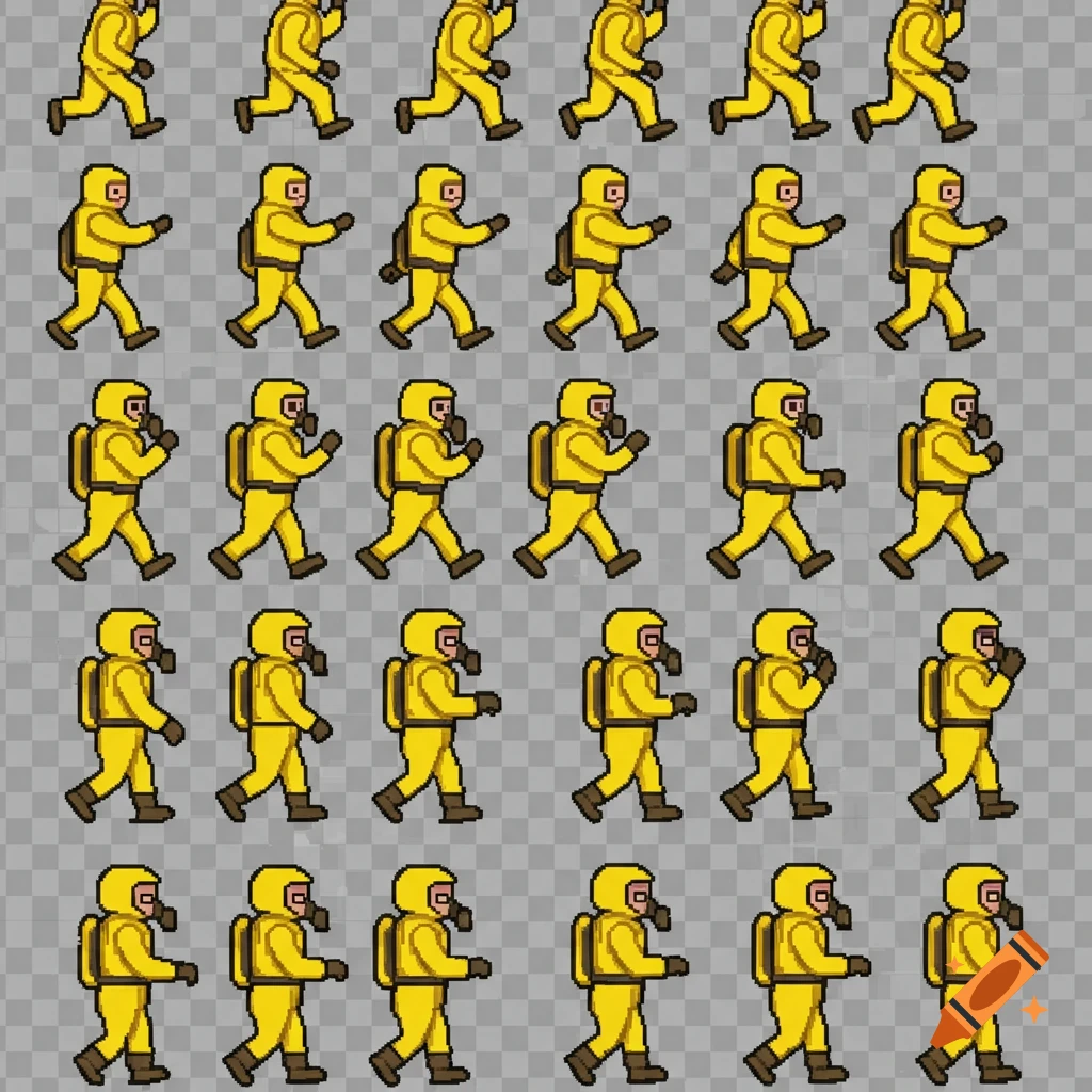 Pixelated sprite sheet of a person in a yellow hazmat suit walking.