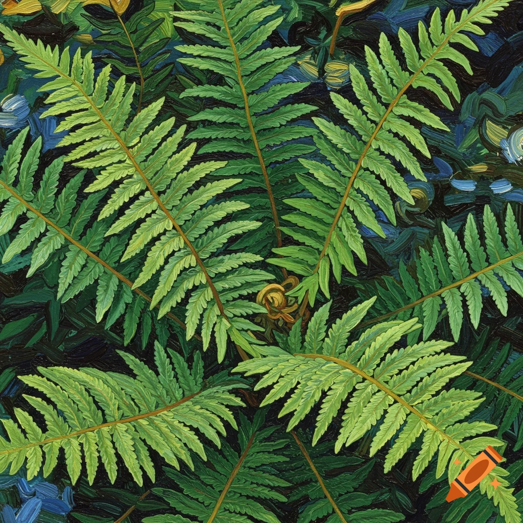 Close-up of green fern leaves in the style of Van Gogh.