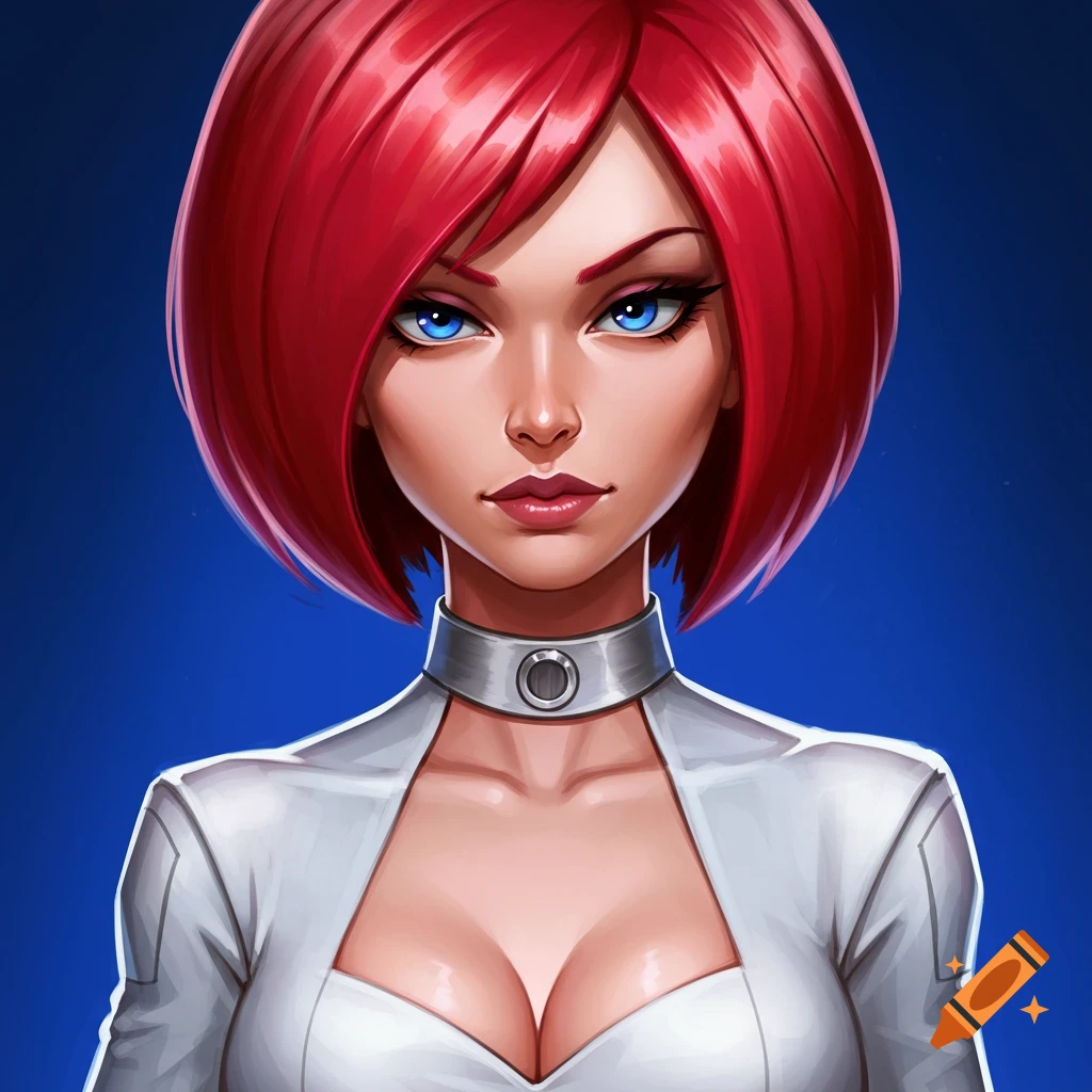 A woman with red hair and blue eyes wears a white top and a silver collar.