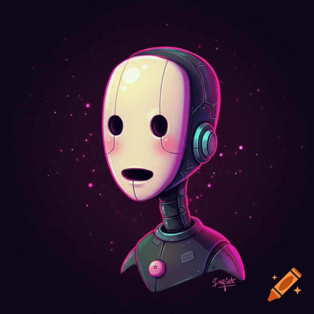 A cute robot head against a dark space background with glowing pink and blue lights.