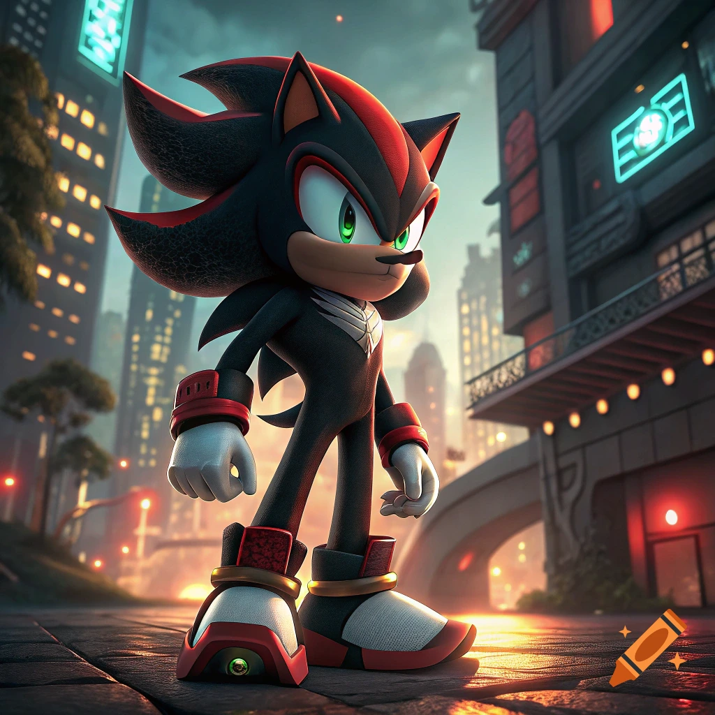 Shadow The Hedgehog stands on a city street at dusk.
