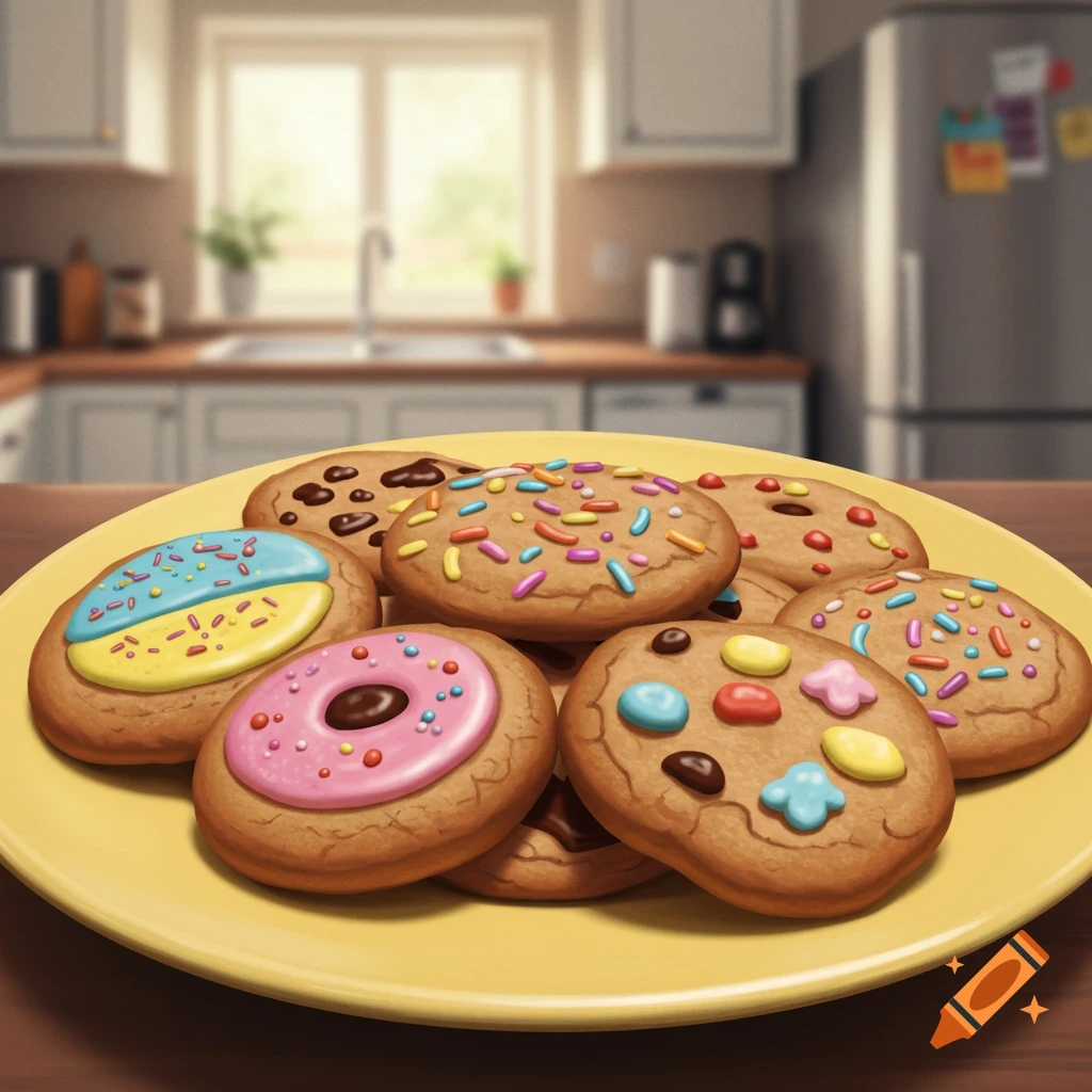 A plate of colorful decorated cookies in a kitchen