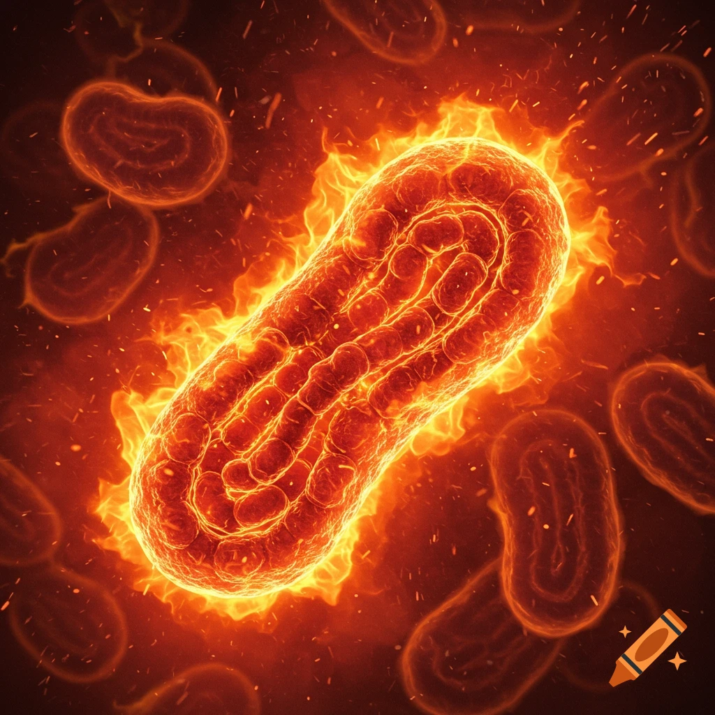 A glowing mitochondria surrounded by fire