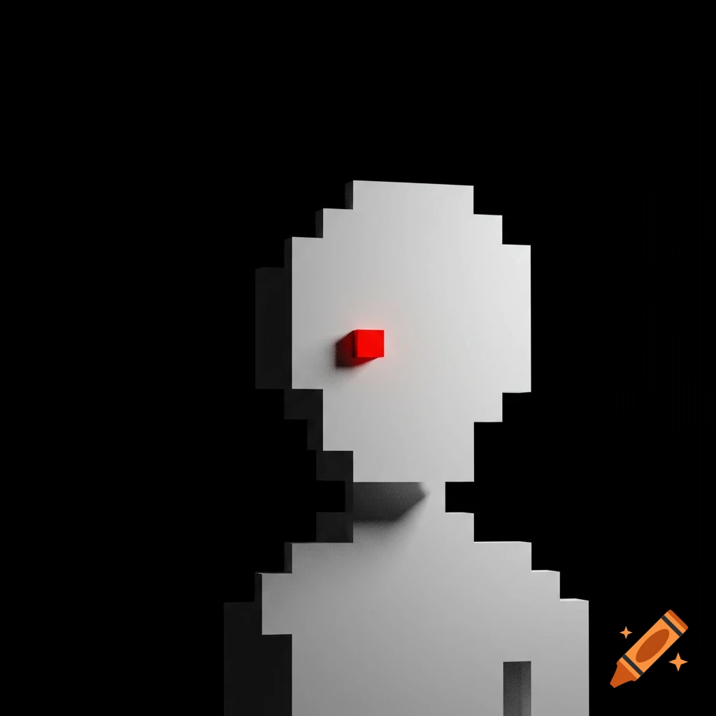 White pixelated figure with a red eye against a black background.