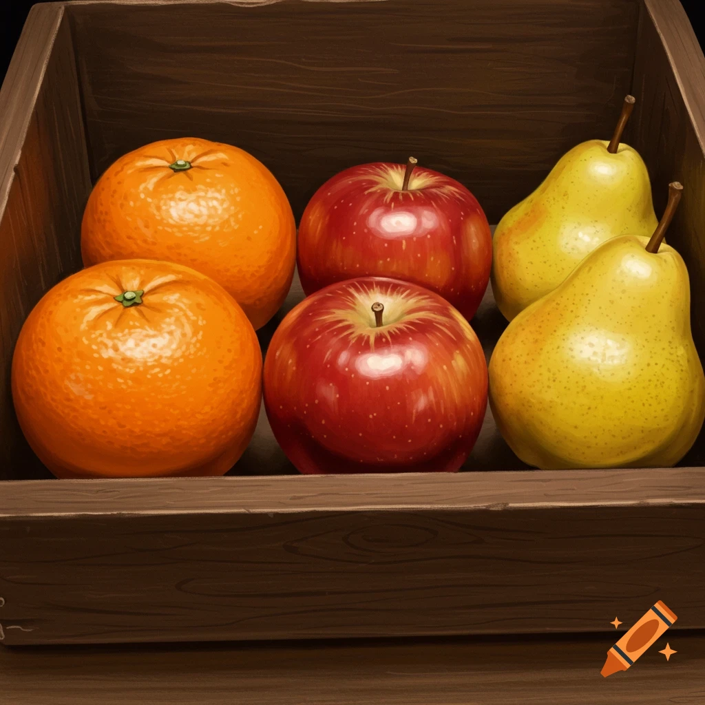 2 oranges, 2 apples, and 2 pears in a wooden crate.
