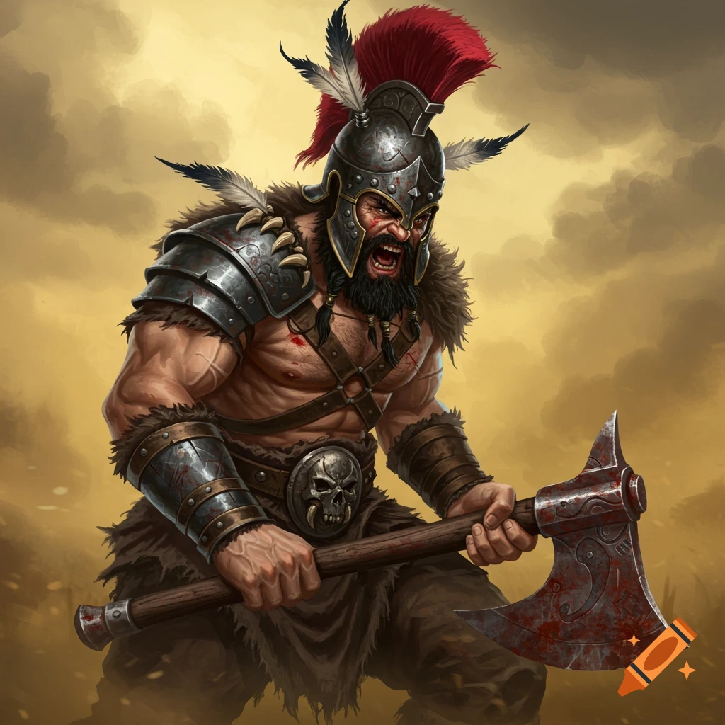 An angry barbarian warrior with a bloody axe, wearing a gladiator helmet