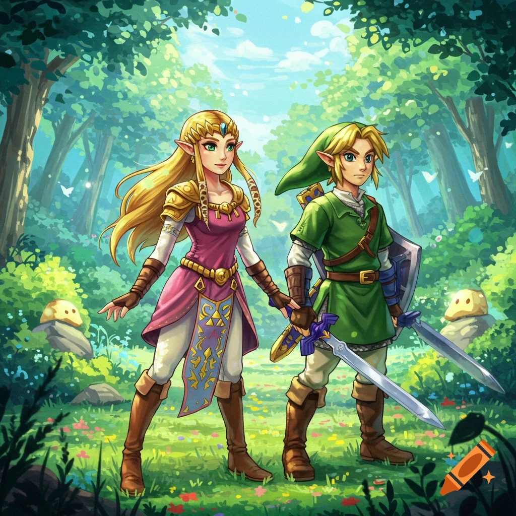 Link and Zelda standing in a sunlit forest.