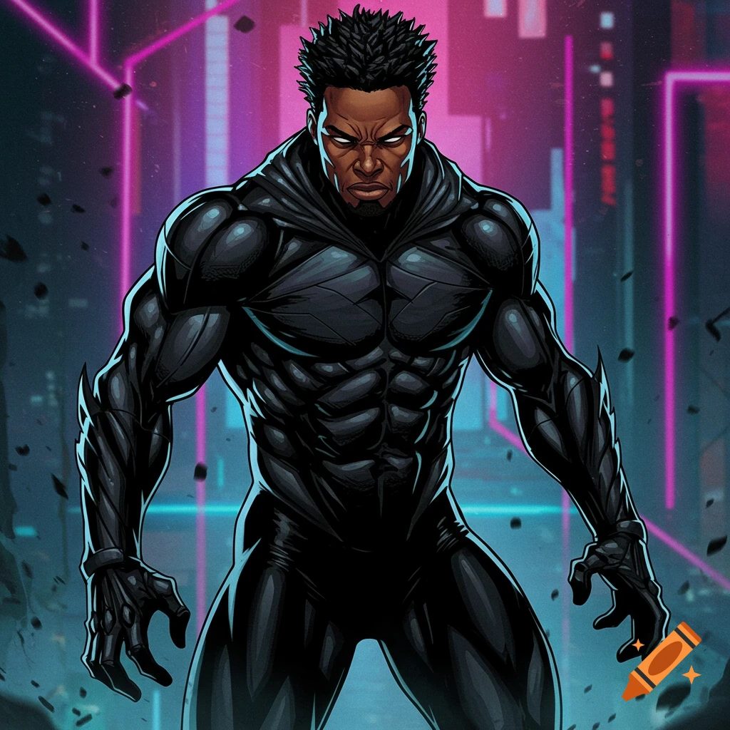 A Black superhero with spiky hair and a muscular build, wearing a black suit and hood, stands in a futuristic city, comic art style.