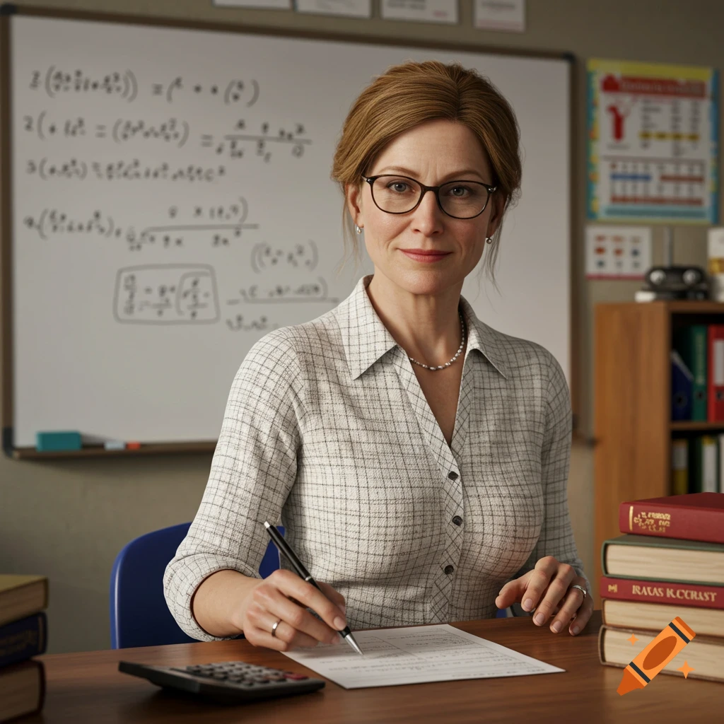 Photorealistic image of a female math teacher in a classroom writing on a paper with a pen.