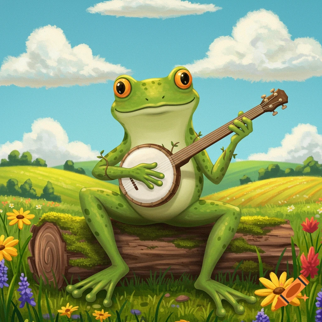 A cartoon frog playing a banjo on a log in a sunny field of flowers.