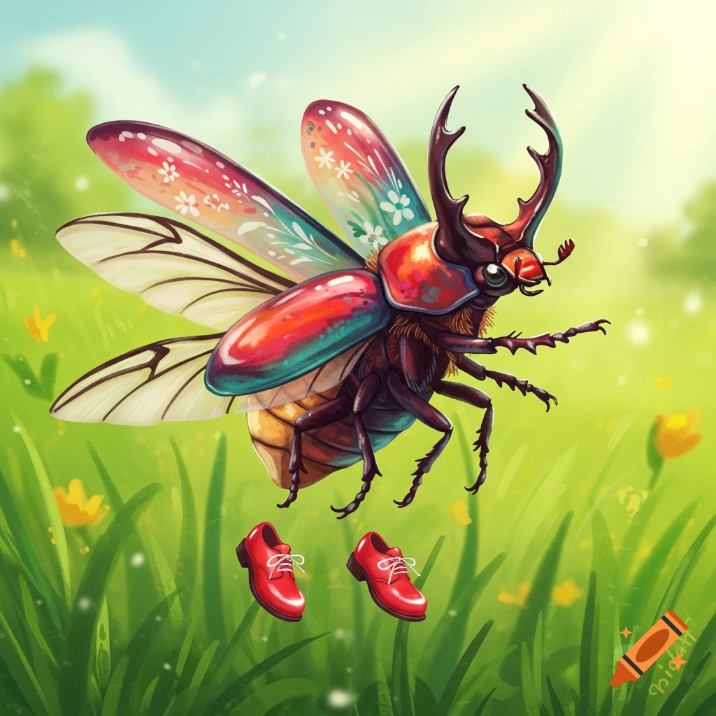 A whimsical flying beetle wearing red shoes over grass.