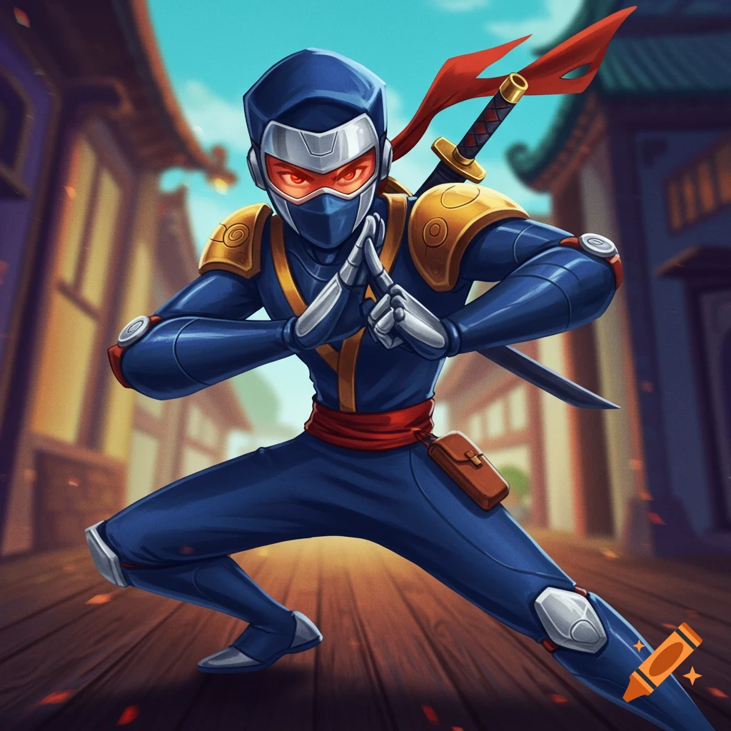 A futuristic blue ninja robot is shown in a dynamic pose in a street scene.