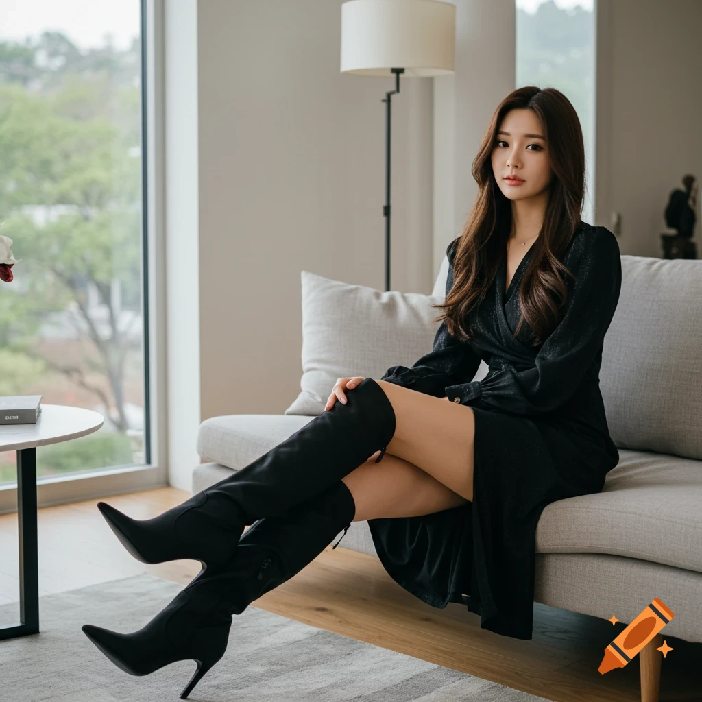 A woman in a black dress and thigh-high boots sits on a couch.