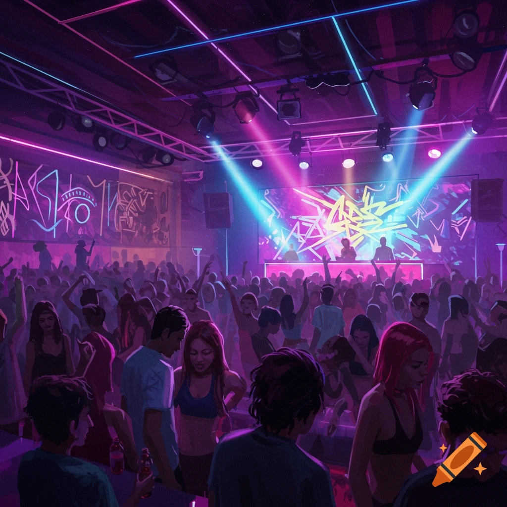 A crowded club with neon lights, people dancing, and a DJ.