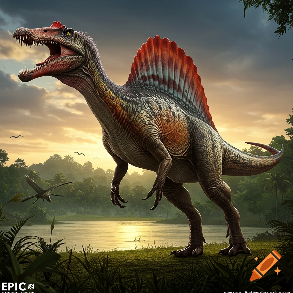A Spinosaurus roaring by a lake in a jungle landscape at sunset.