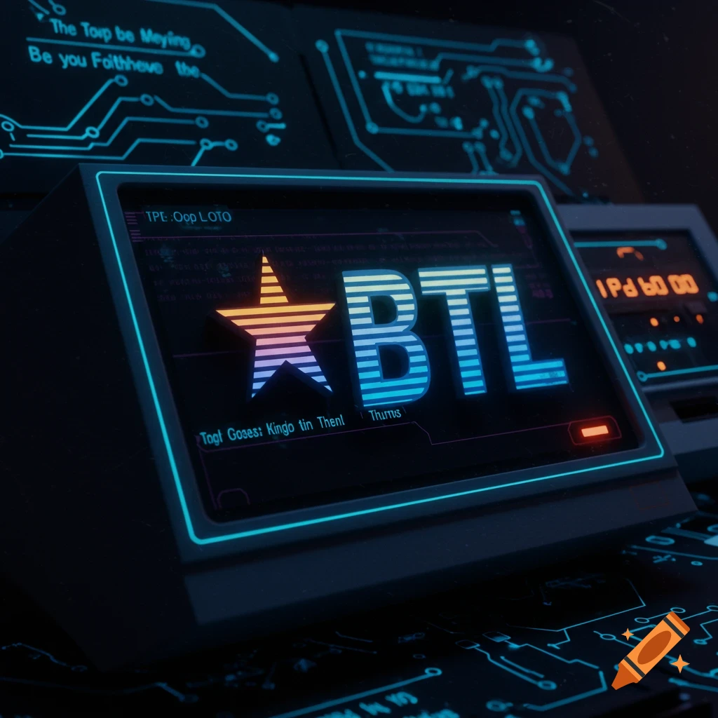BTL logo with star on 1980s style computer screen with circuit boards and neon lights.