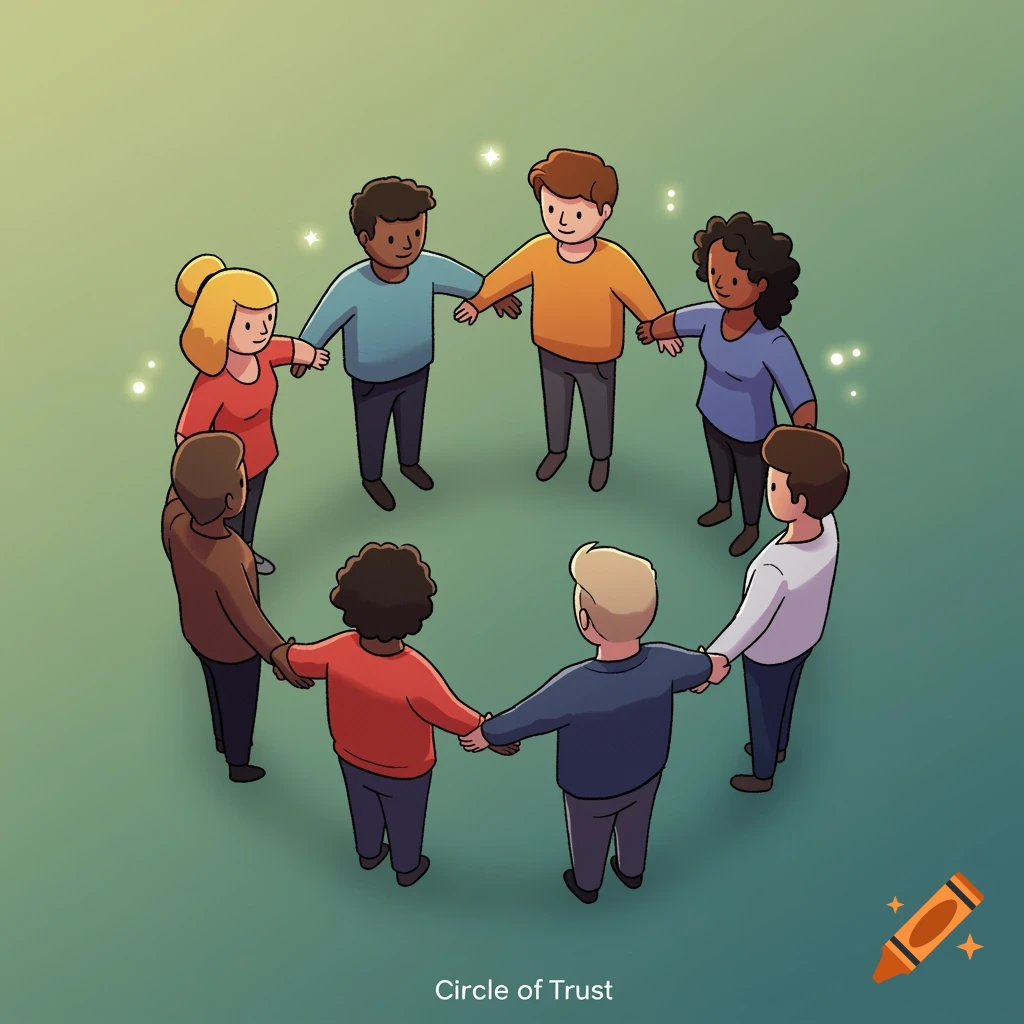 Cartoon illustration of diverse people holding hands in a circle, with the text "Circle of Trust" below them.