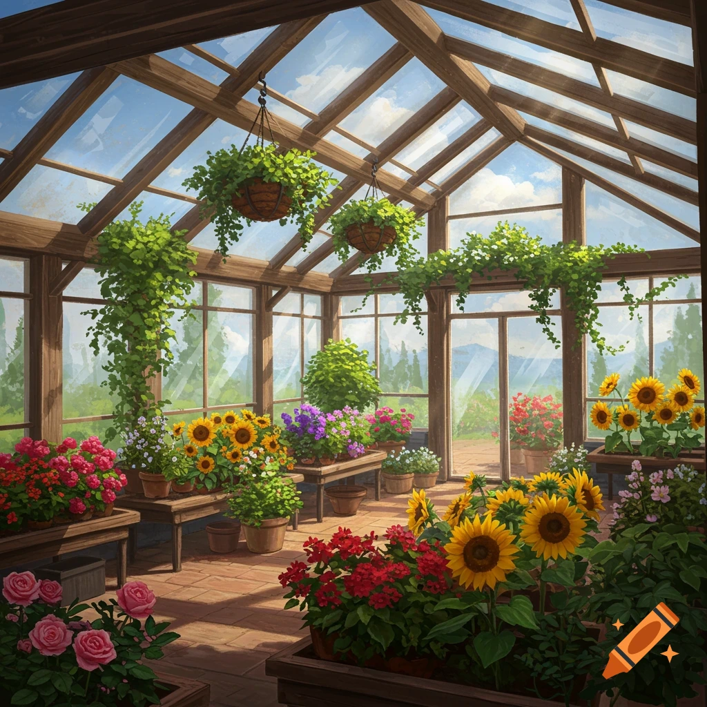 Interior of a sunny greenhouse filled with potted flowers and hanging plants.