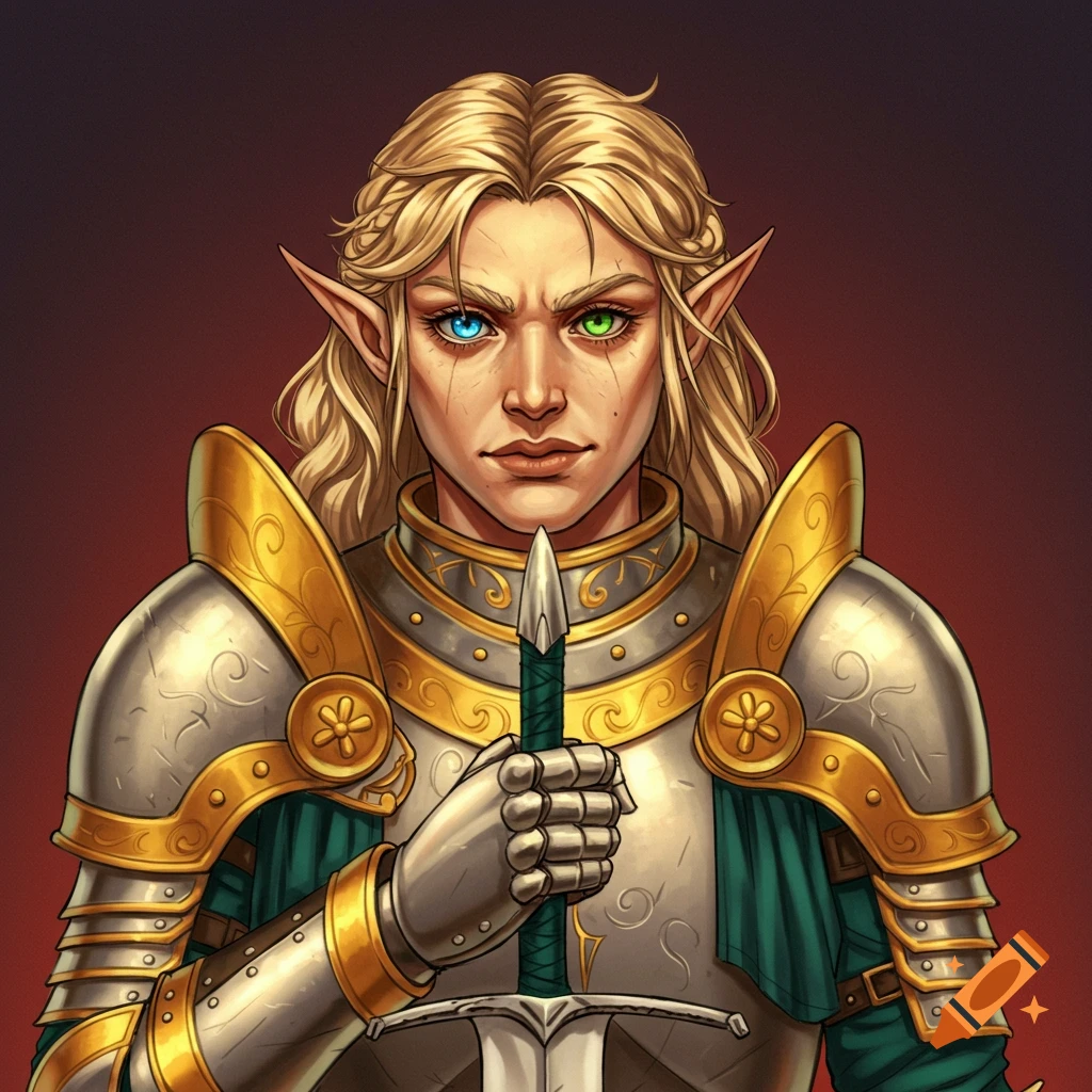 A fantasy character in gold-trimmed armor, holding a sword. Has blonde hair and heterochromia.