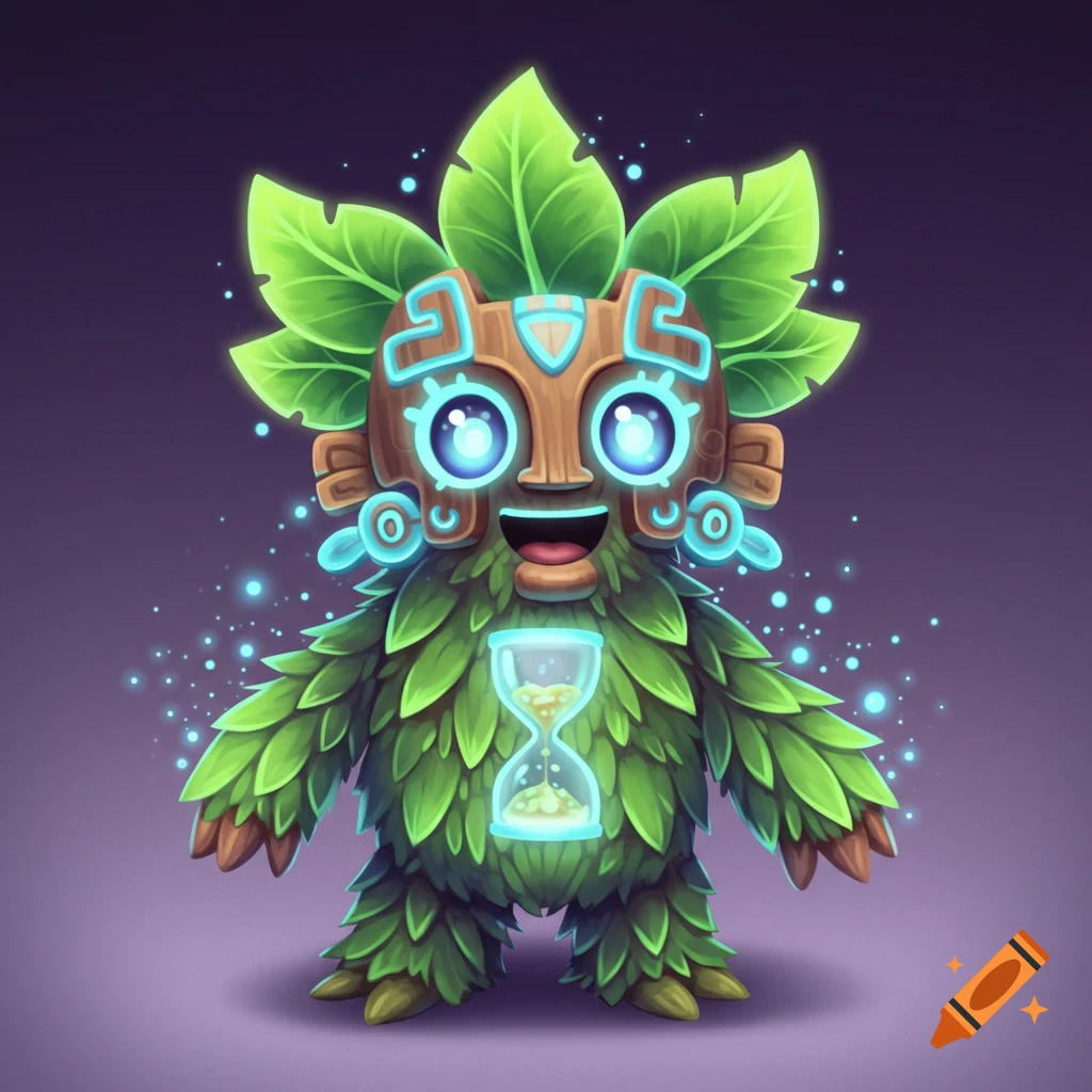 A cute, leafy fantasy monster with a wooden mask, glowing blue eyes, and an hourglass.