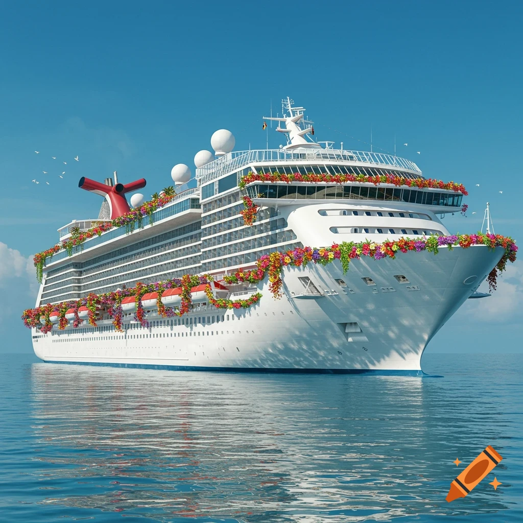 A large cruise ship decorated with colorful tropical flowers sails on calm water under a blue sky.