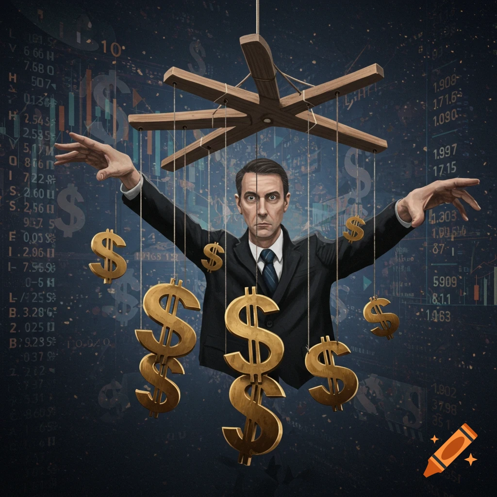 A businessman controls dollar sign puppets against a financial chart background.