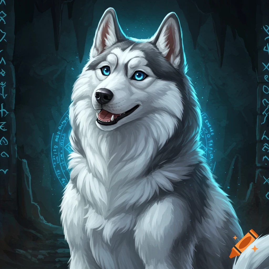 A husky with blue eyes sitting in a dark cave with glowing runes.