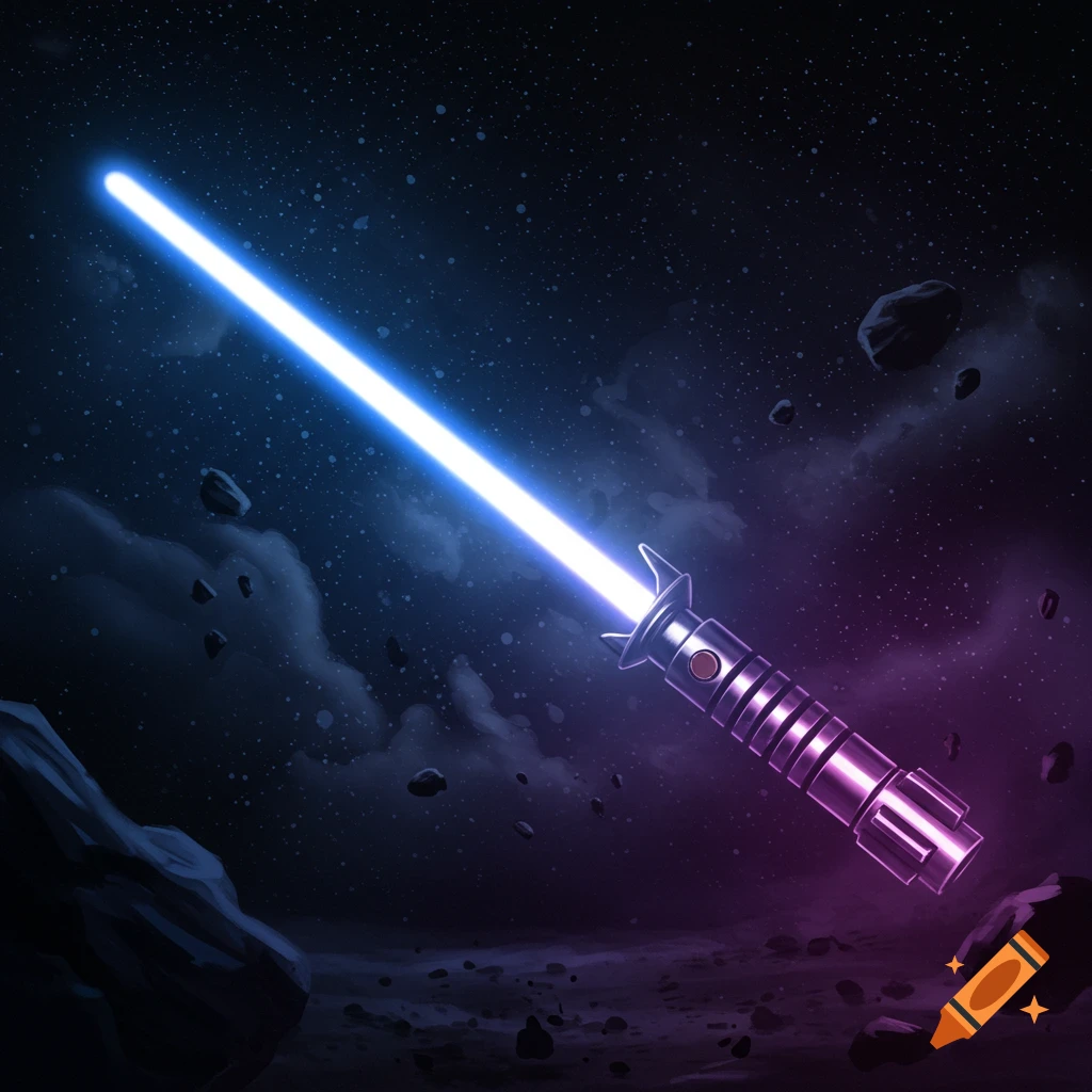 A lightsaber with a blue blade and purple handle in space with asteroids.