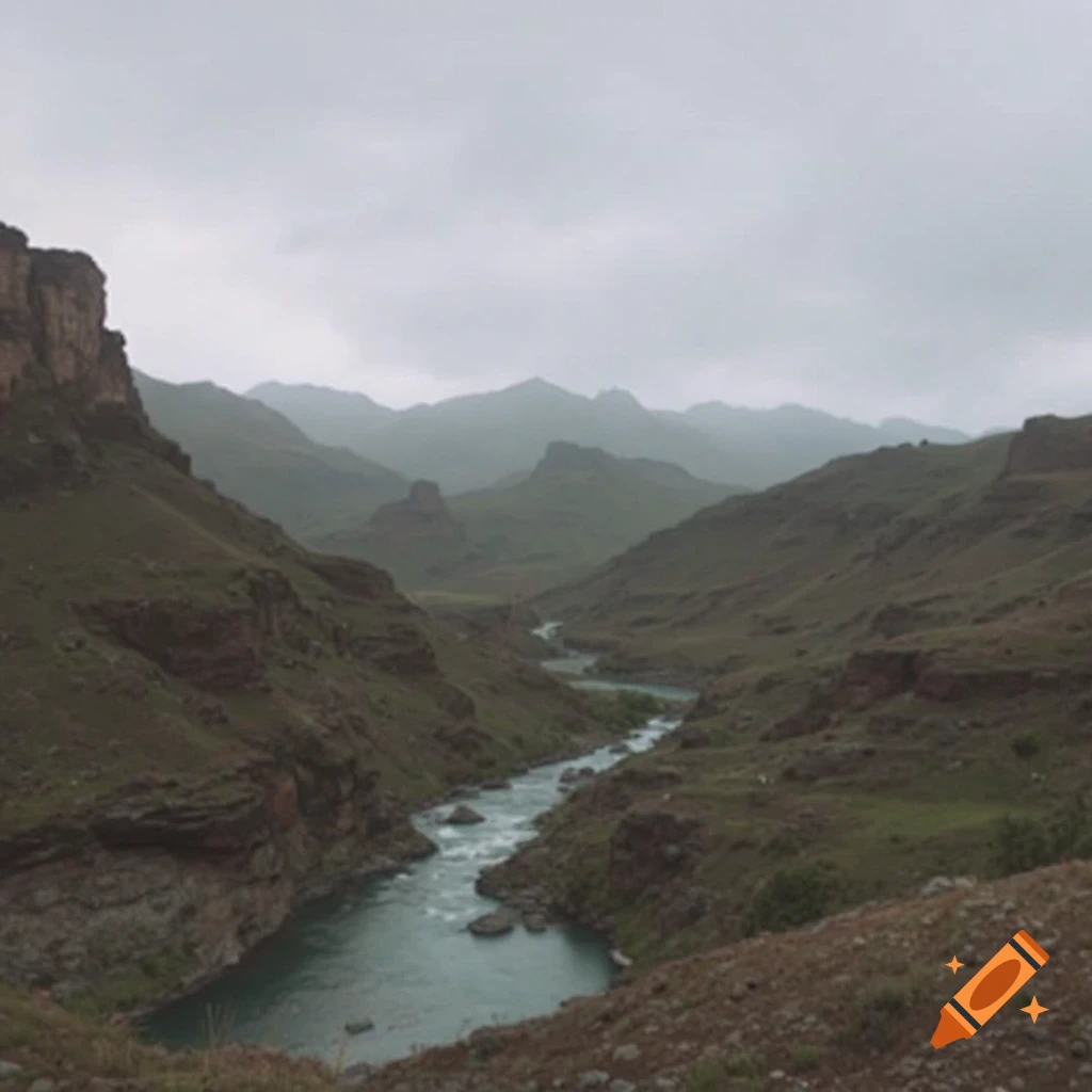 A river flows through a rocky, mountainous valley under a cloudy sky.