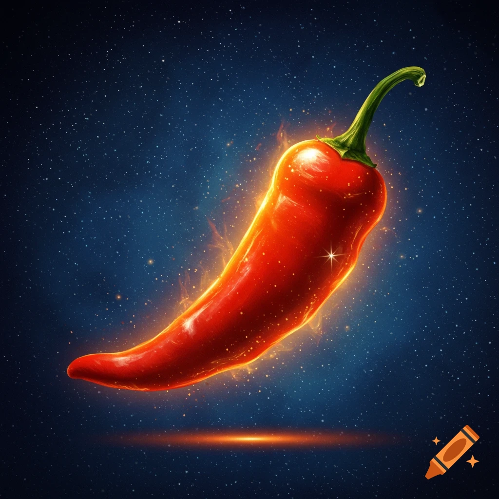 A glowing red chili pepper levitates against a starry blue space background.