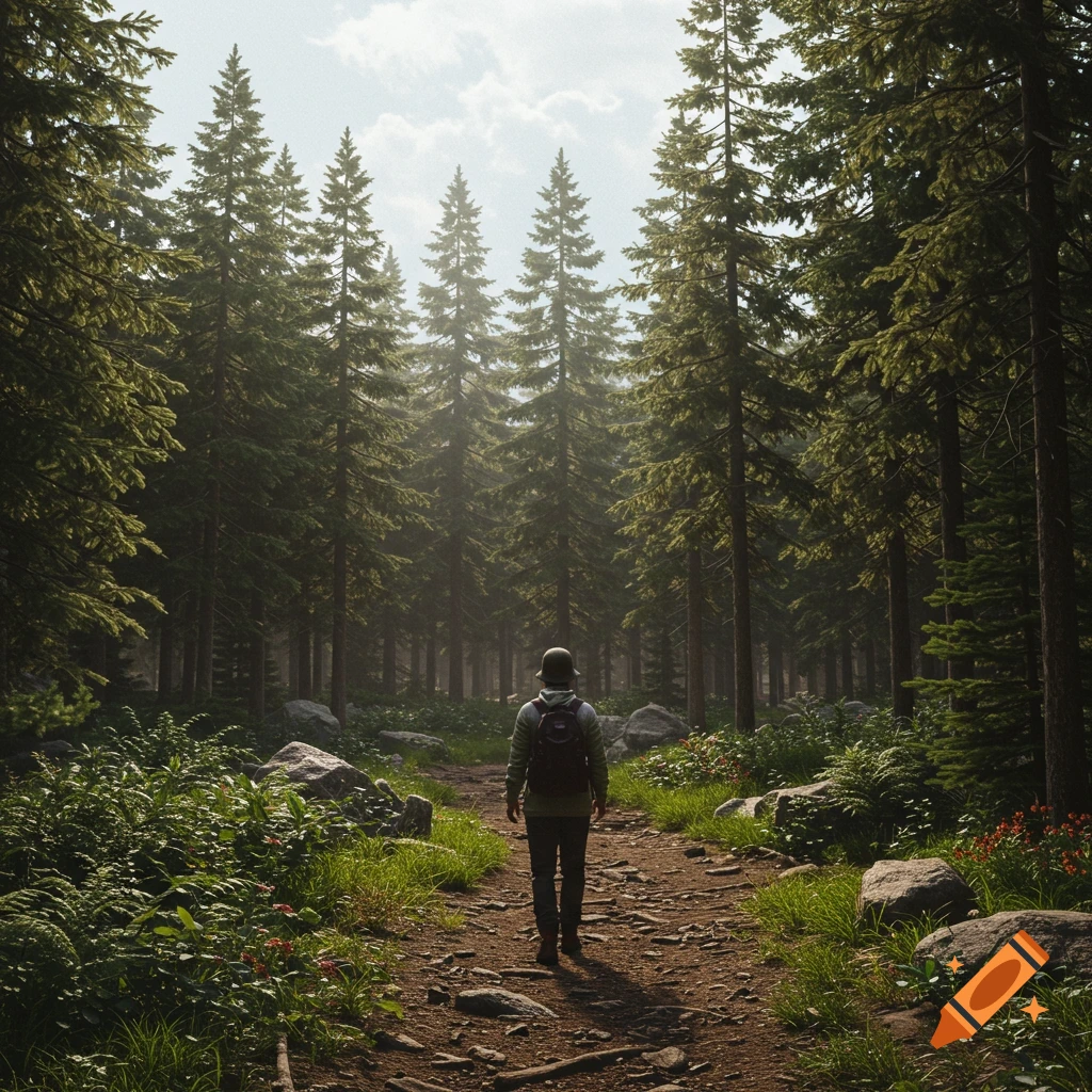 A person walks down a sunny path through a dense pine forest.