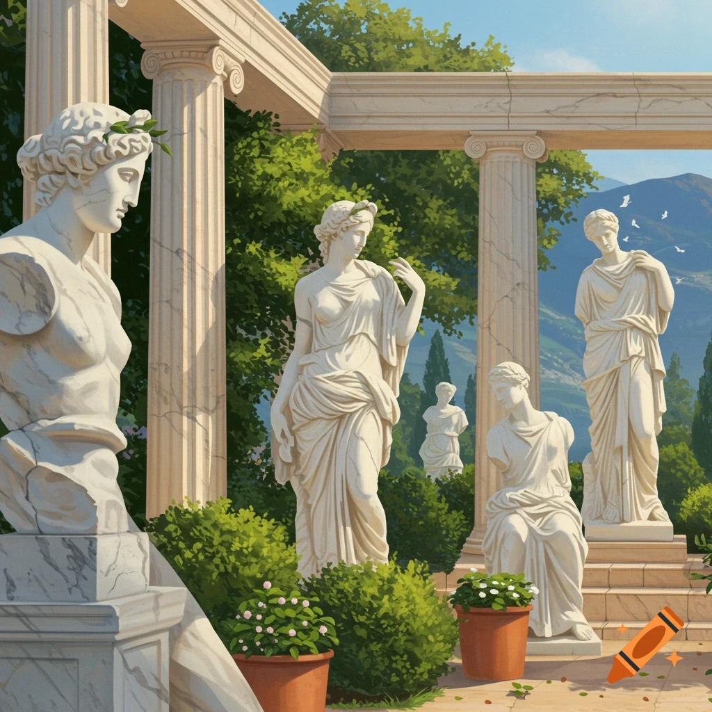Greek marble statues in a sunny garden with columns and mountains.