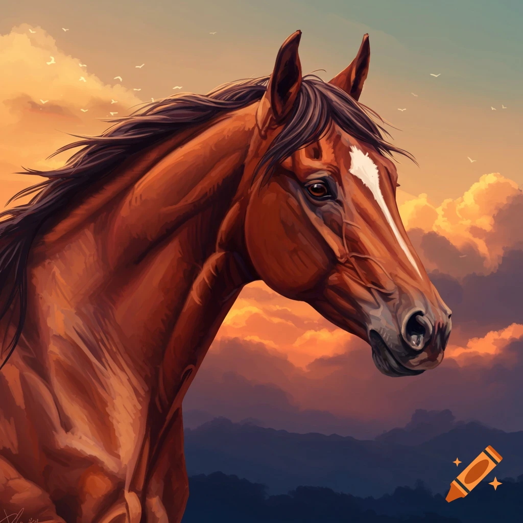 A brown horse head is shown against a sunset sky.