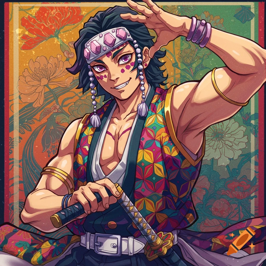 Anime style portrait of Tengen Uzui in a colorful vest holding a sword against a floral background.
