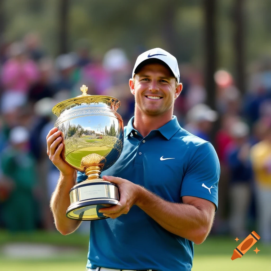 Golfer holding a large trophy on a golf course with spectators.