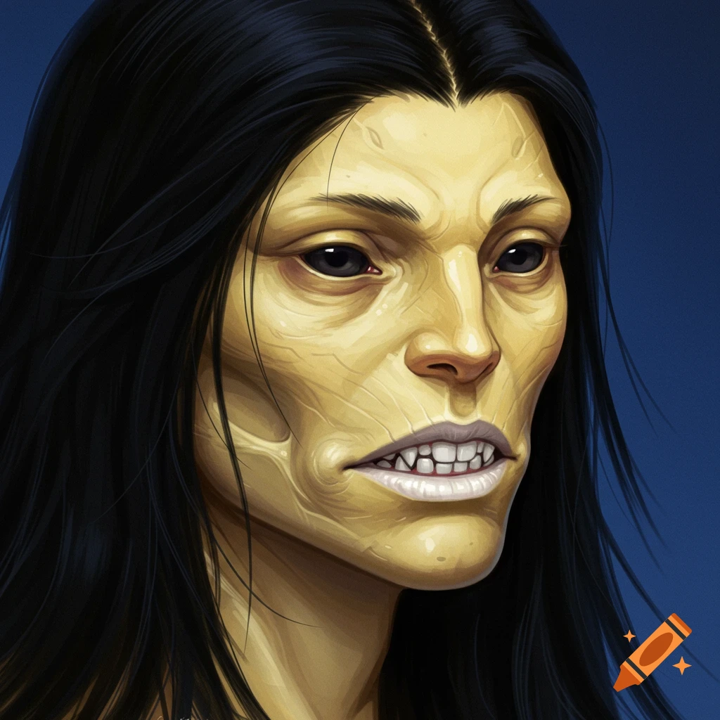 A monster's head with pale yellow skin, black hair, and fangs.