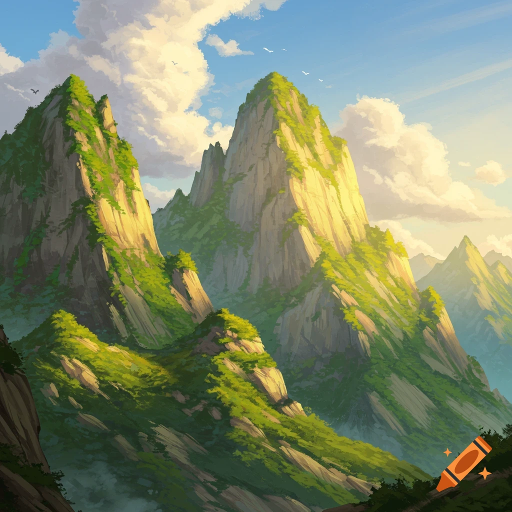 steep mountains covered in greenery under a cloudy sky with birds flying.