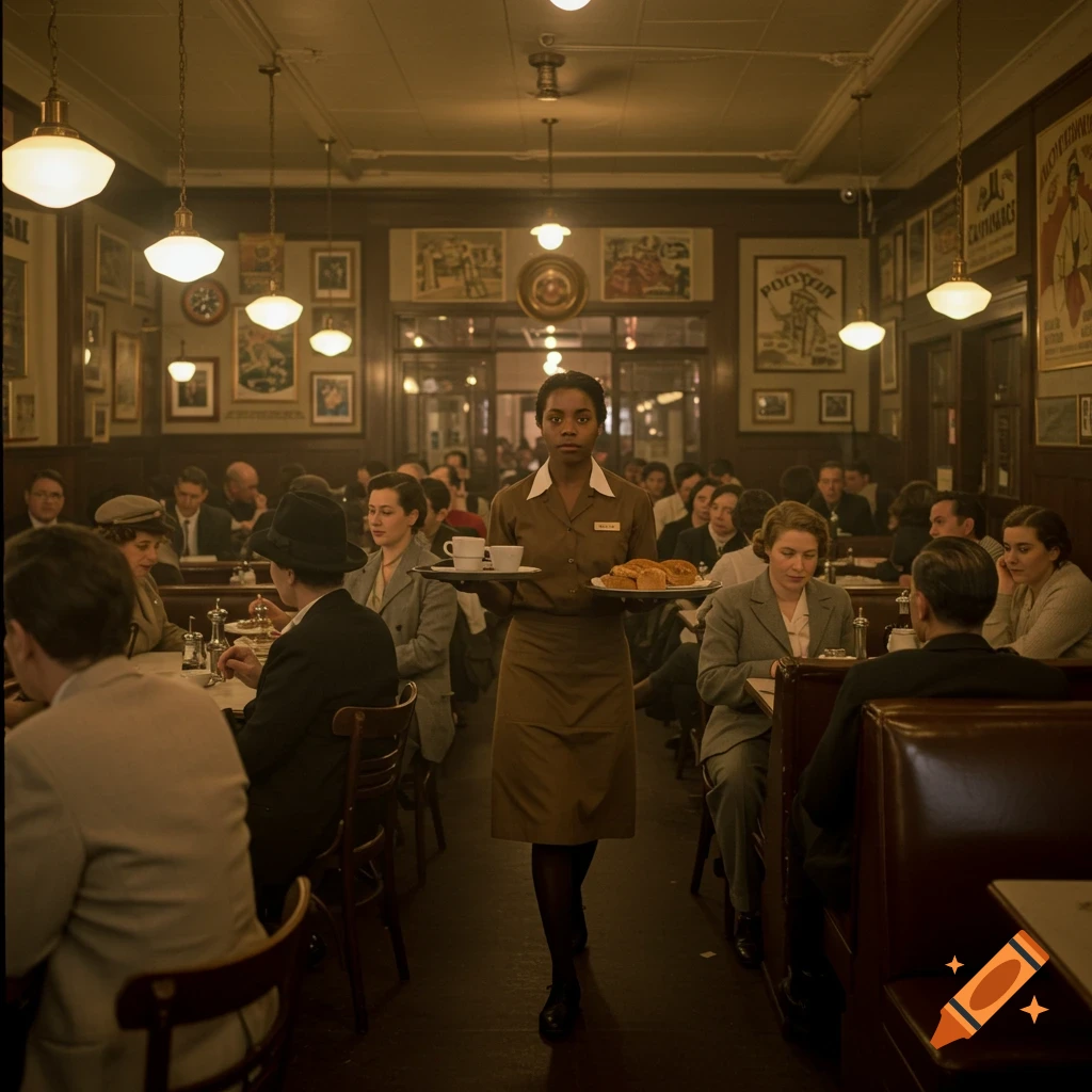 A waitress in a 1930s coffee shop carries a tray of food and drinks through a crowded dining area.