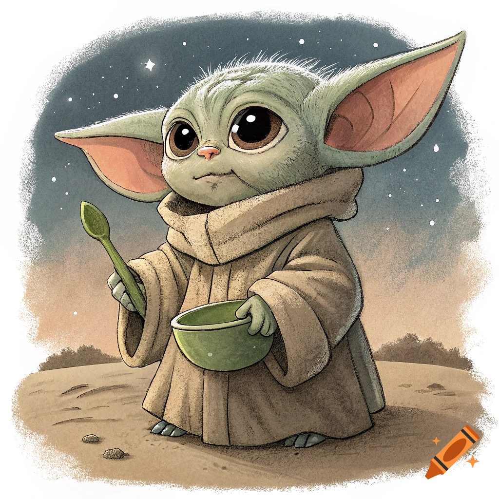Cartoon illustration of Grogu holding a spoon and bowl, standing on sand under a starry sky.