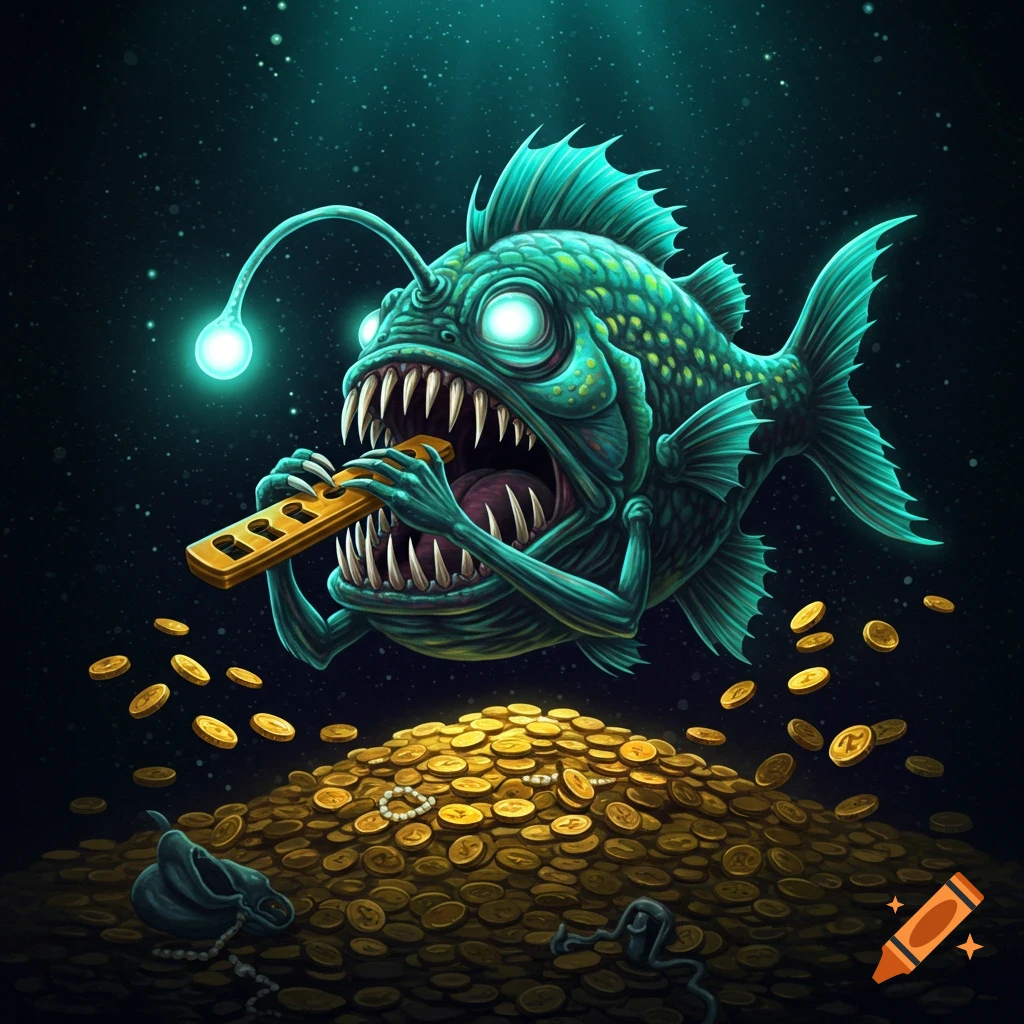 Scary anglerfish playing a kazoo over a pile of gold treasure in the deep sea.