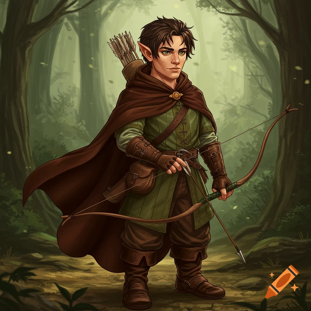 A male fantasy character, a halfling ranger with dark brown hair and green eyes, stands in a forest, wearing a green tunic, brown cape, and carrying a bow and quiver.