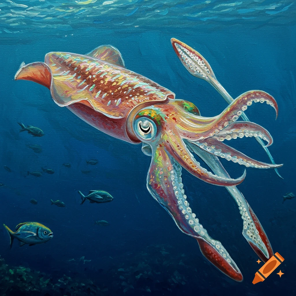 A vibrant painting of a squid swimming among fish underwater.