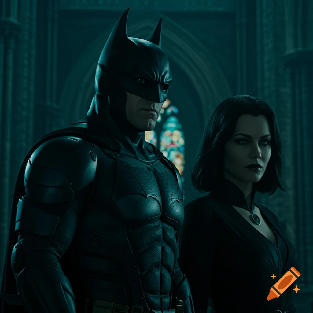 Batman and Talia al Ghul stand together in a dark gothic building, realistic style.