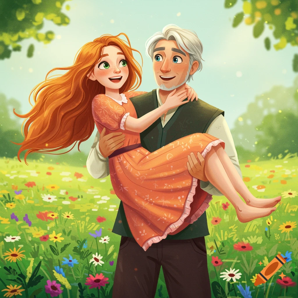 A man carries a girl through a field of wildflowers.