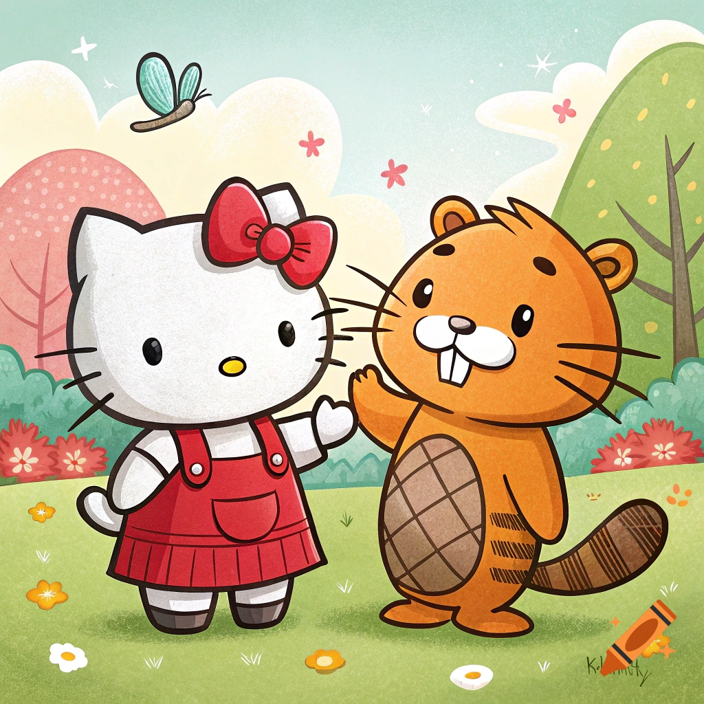 Cartoon illustration of Hello Kitty and a beaver standing together in a grassy park.