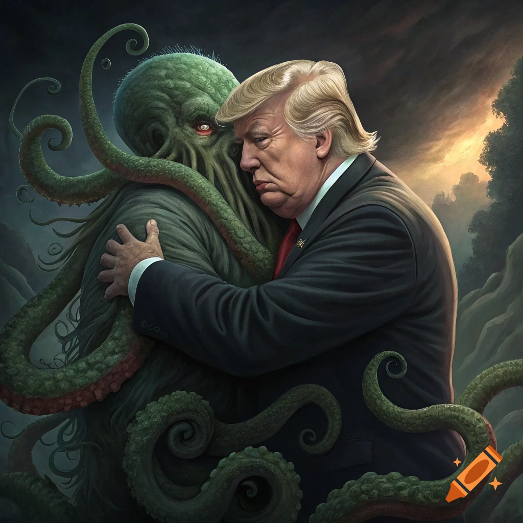 A dark fantasy painting of a green tentacled Cthulhu-like creature hugging a man resembling Donald Trump.