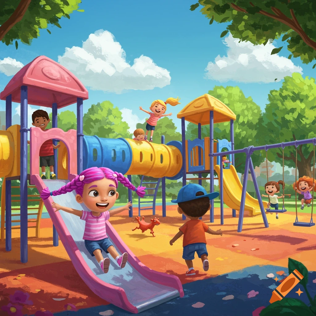 Children of diverse backgrounds playing on a colorful playground with slides, swings, and various structures.