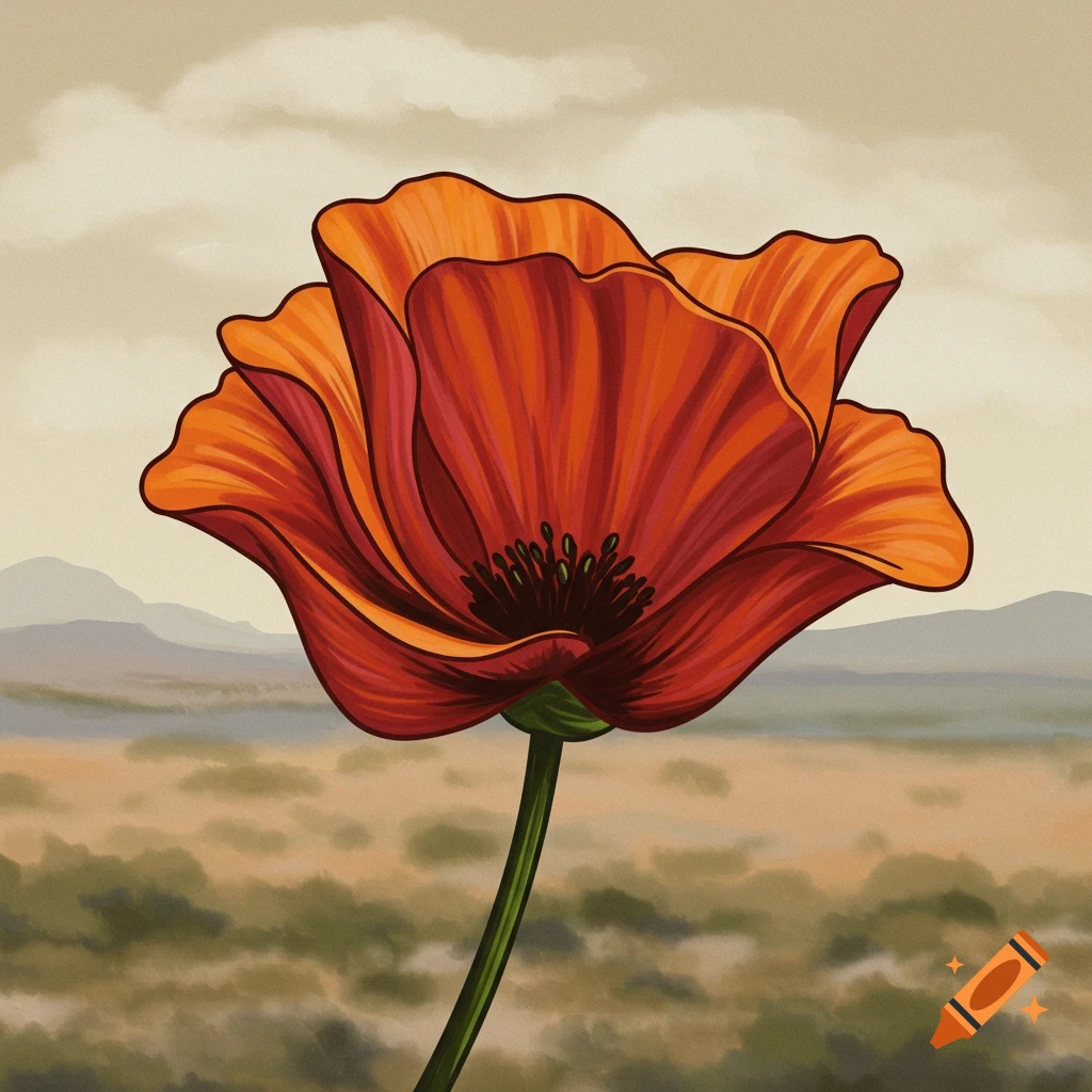 A vibrant red-orange poppy against a blurred landscape of hills and sky.