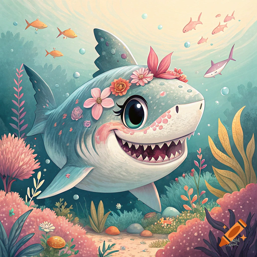 Cartoon shark wearing flowers swims underwater with fish and coral.
